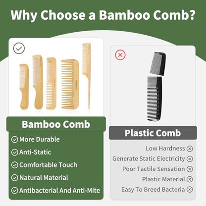 DEBETOOL 5 Pieces Bamboo Comb Set - Natural Wooden Combs for Hair Growth, Anti-Static for Curly/Thick Hair Daily Use