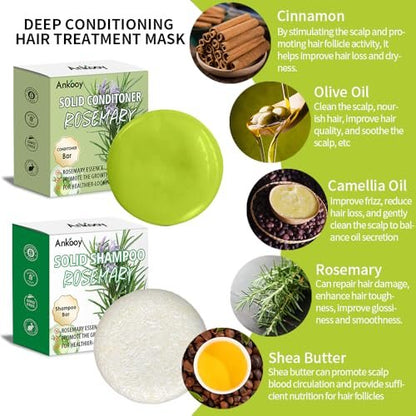 ANKOOY 2 Pack Rosemary Oil Shampoo Bars and Conditioner Set - Strengthens Hair, Thickens Strands, Controls Oil, Supports Scalp Health, Reduces Hair Loss for Men and Women