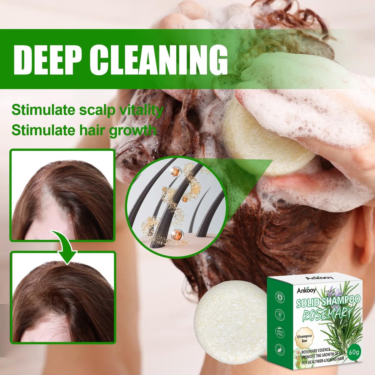 ANKOOY 2 Pack Rosemary Oil Shampoo Bars and Conditioner Set - Strengthens Hair, Thickens Strands, Controls Oil, Supports Scalp Health, Reduces Hair Loss for Men and Women - görsel 6