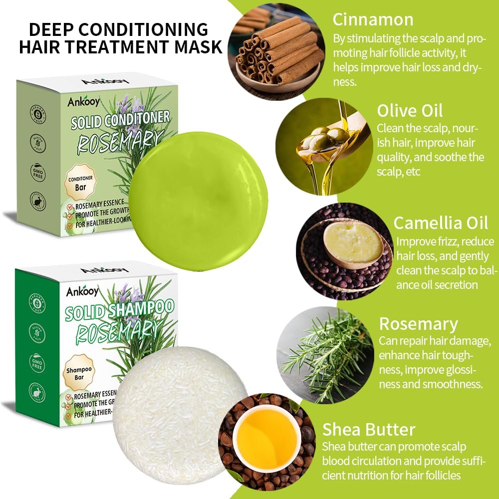ANKOOY 2 Pack Rosemary Oil Shampoo Bars and Conditioner Set - Strengthens Hair, Thickens Strands, Controls Oil, Supports Scalp Health, Reduces Hair Loss for Men and Women - görsel 4