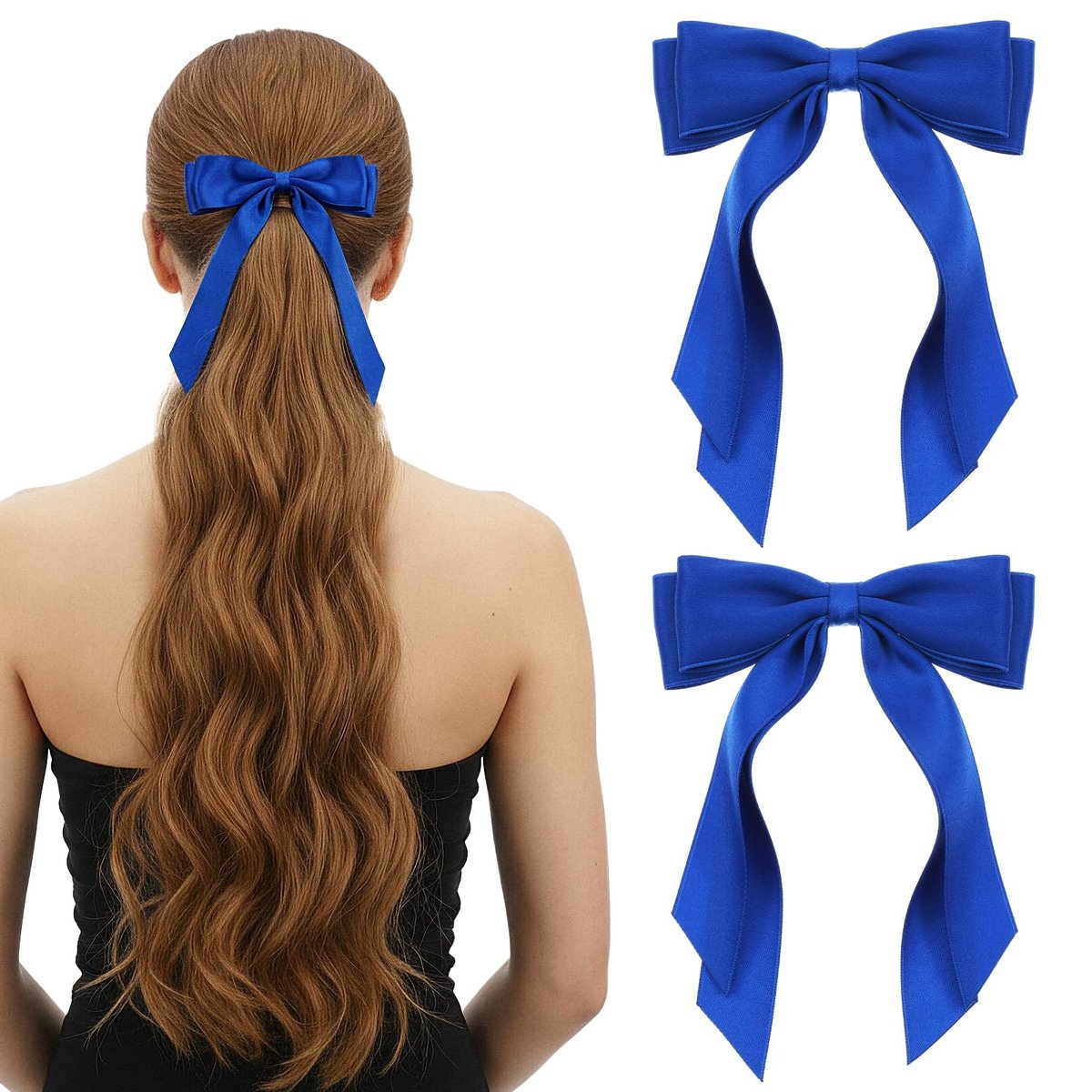 Matwsec Royal Blue Hair Bows with Tails - 2 Pack Fabric Hair Clips for Women and Girls - görsel 1