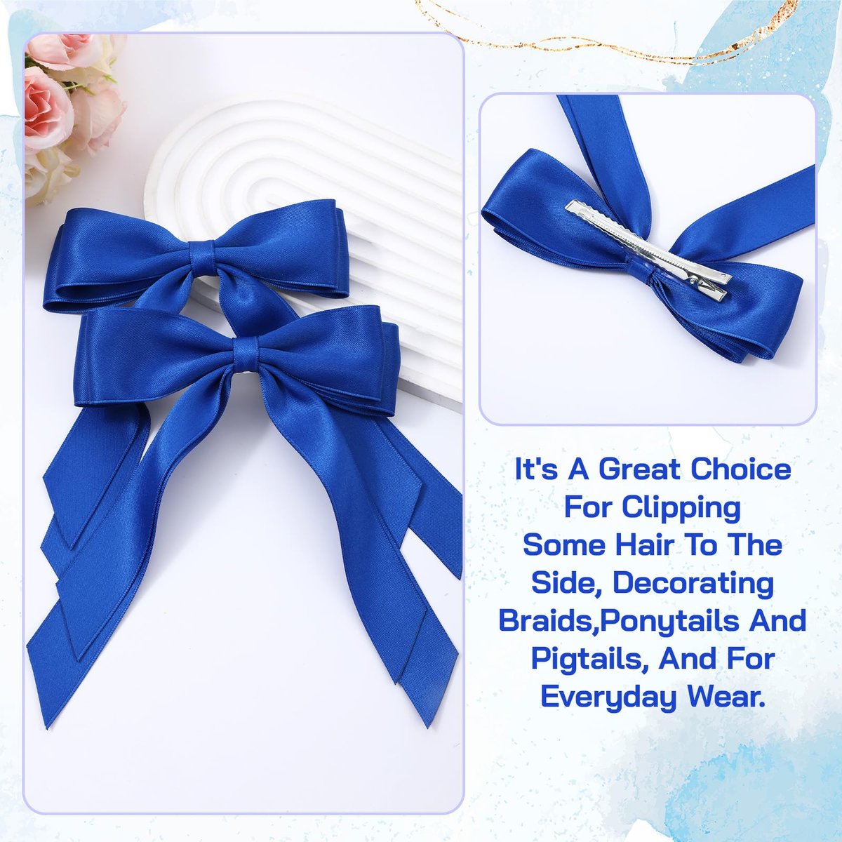 Matwsec Royal Blue Hair Bows with Tails - 2 Pack Fabric Hair Clips for Women and Girls - görsel 9