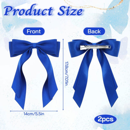Matwsec Royal Blue Hair Bows with Tails - 2 Pack Fabric Hair Clips for Women and Girls