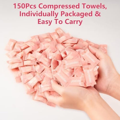 MEQHUO 150Pcs Compressed Towel Tablets – Portable Mini Disposable Face Towels for Travel, Camping, Hiking & Outdoor Activities – Individually Wrapped Cotton Washcloths
