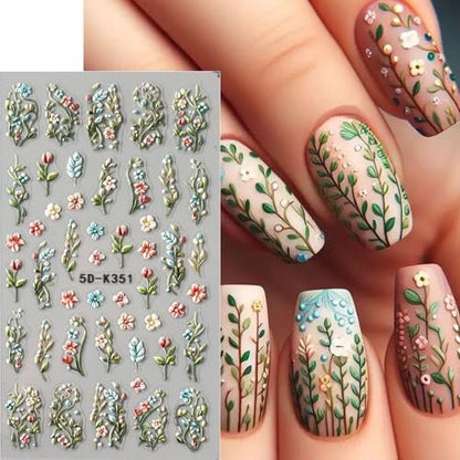 4 Sheets Elegant Spring Flower Nail Stickers - Green Vine Leaf & Floral Nail Art Decals with Tweezers, 5D Embossed Daisy for Women Nails Decoration