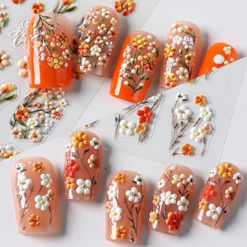 4 Sheets Elegant Spring Flower Nail Stickers - Green Vine Leaf & Floral Nail Art Decals with Tweezers, 5D Embossed Daisy for Women Nails Decoration - görsel 16