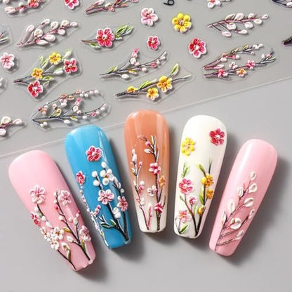 4 Sheets Elegant Spring Flower Nail Stickers - Green Vine Leaf & Floral Nail Art Decals with Tweezers, 5D Embossed Daisy for Women Nails Decoration