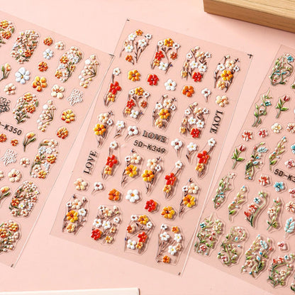 4 Sheets Elegant Spring Flower Nail Stickers - Green Vine Leaf & Floral Nail Art Decals with Tweezers, 5D Embossed Daisy for Women Nails Decoration