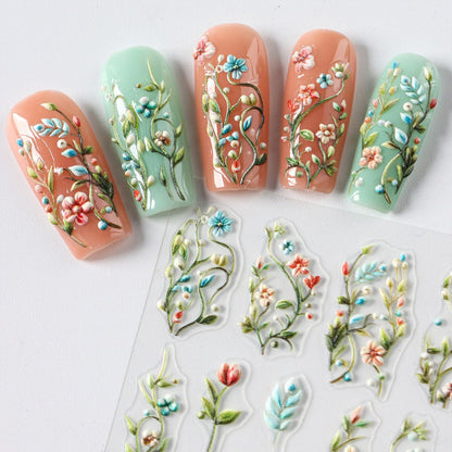 4 Sheets Elegant Spring Flower Nail Stickers - Green Vine Leaf & Floral Nail Art Decals with Tweezers, 5D Embossed Daisy for Women Nails Decoration