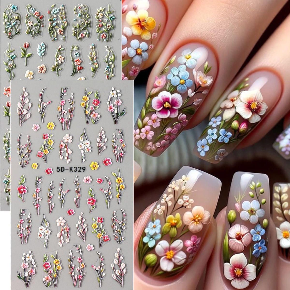 4 Sheets Elegant Spring Flower Nail Stickers - Green Vine Leaf & Floral Nail Art Decals with Tweezers, 5D Embossed Daisy for Women Nails Decoration - görsel 3