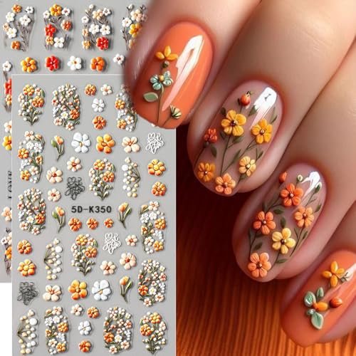 4 Sheets Elegant Spring Flower Nail Stickers - Green Vine Leaf & Floral Nail Art Decals with Tweezers, 5D Embossed Daisy for Women Nails Decoration - görsel 8