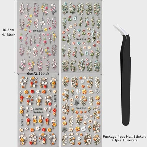 4 Sheets Elegant Spring Flower Nail Stickers - Green Vine Leaf & Floral Nail Art Decals with Tweezers, 5D Embossed Daisy for Women Nails Decoration - görsel 18