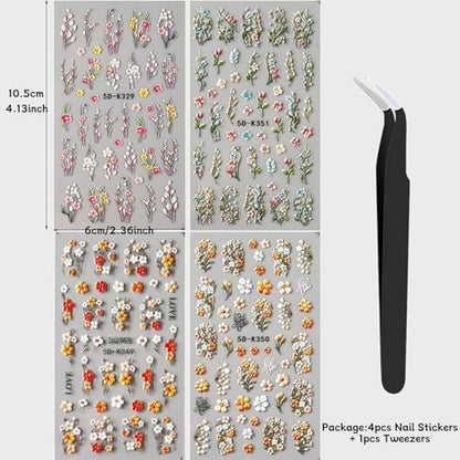 4 Sheets Elegant Spring Flower Nail Stickers - Green Vine Leaf & Floral Nail Art Decals with Tweezers, 5D Embossed Daisy for Women Nails Decoration