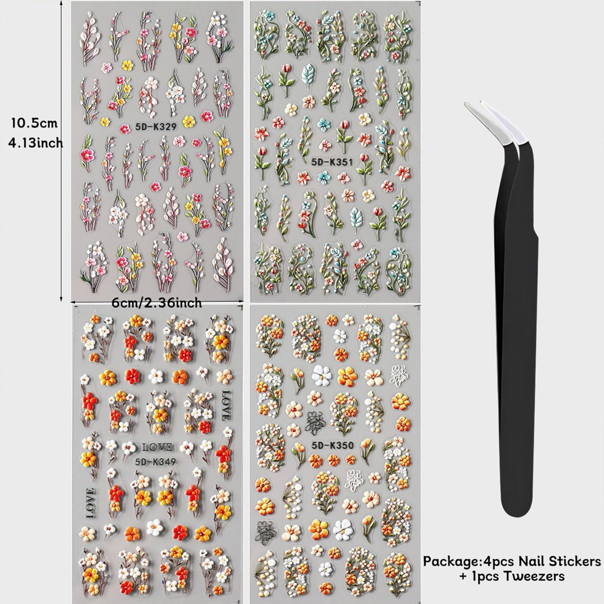 4 Sheets Elegant Spring Flower Nail Stickers - Green Vine Leaf & Floral Nail Art Decals with Tweezers, 5D Embossed Daisy for Women Nails Decoration - görsel 17