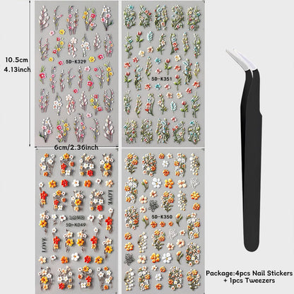 4 Sheets Elegant Spring Flower Nail Stickers - Green Vine Leaf & Floral Nail Art Decals with Tweezers, 5D Embossed Daisy for Women Nails Decoration