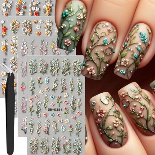 4 Sheets Elegant Spring Flower Nail Stickers - Green Vine Leaf & Floral Nail Art Decals with Tweezers, 5D Embossed Daisy for Women Nails Decoration - görsel 2