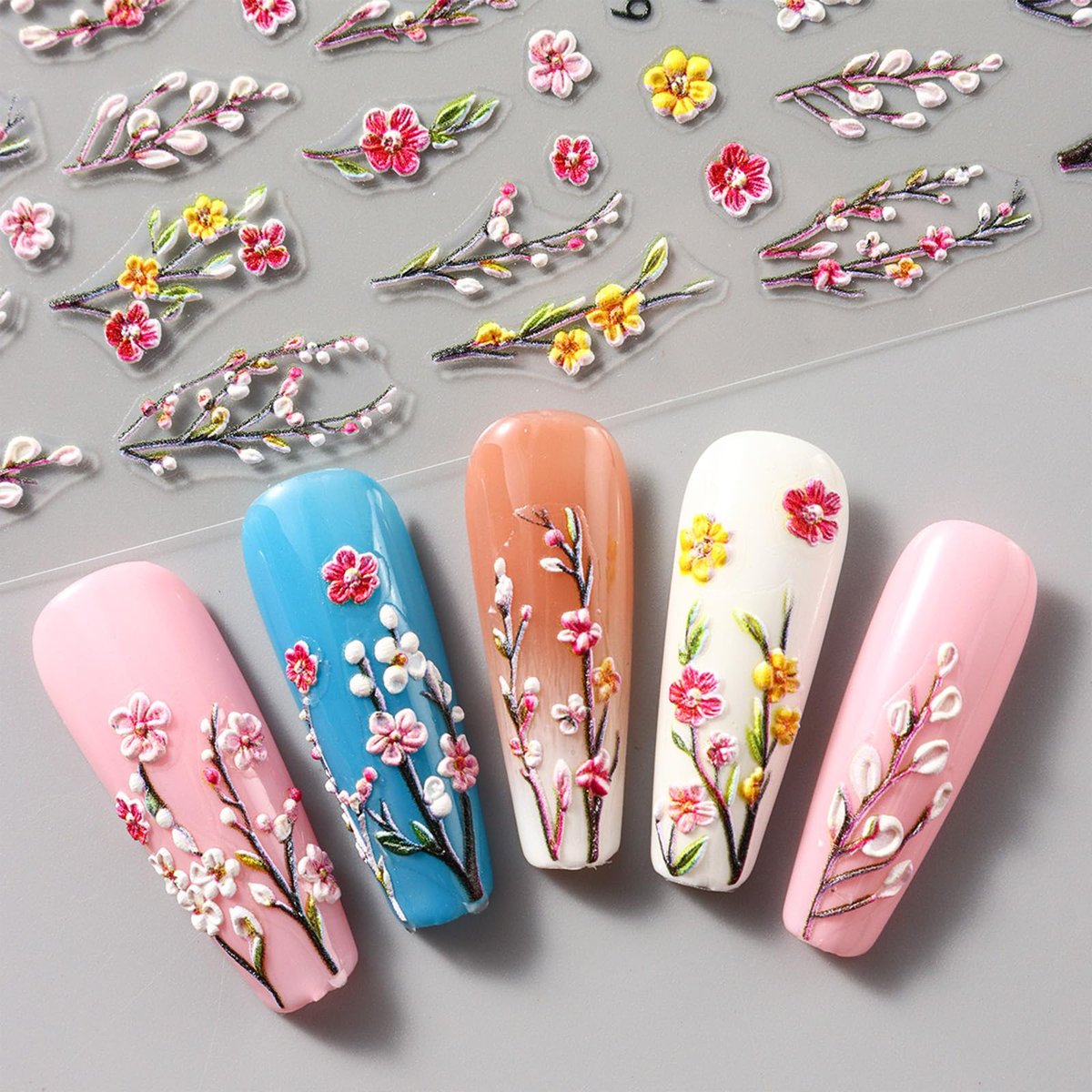 4 Sheets Elegant Spring Flower Nail Stickers - Green Vine Leaf & Floral Nail Art Decals with Tweezers, 5D Embossed Daisy for Women Nails Decoration - görsel 13
