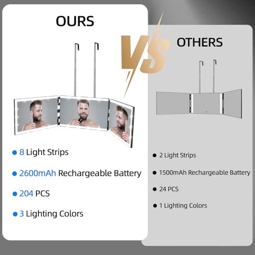 Vanexiss Rechargeable 3-Way Mirror for Self Hair Cutting – Trifold Mirror with 8 LED Light Strips & Telescoping Hooks for Makeup, Shaving & Styling (Black, Large) Avelisse