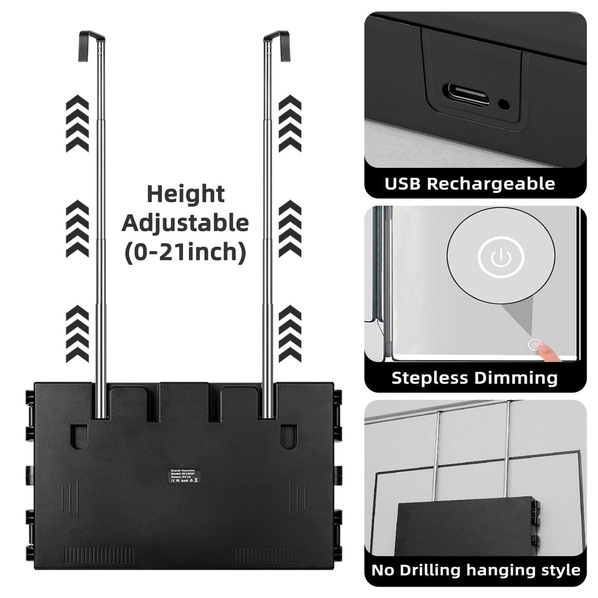 Vanexiss Rechargeable 3-Way Mirror for Self Hair Cutting – Trifold Mirror with 8 LED Light Strips & Telescoping Hooks for Makeup, Shaving & Styling (Black, Large) Avelisse