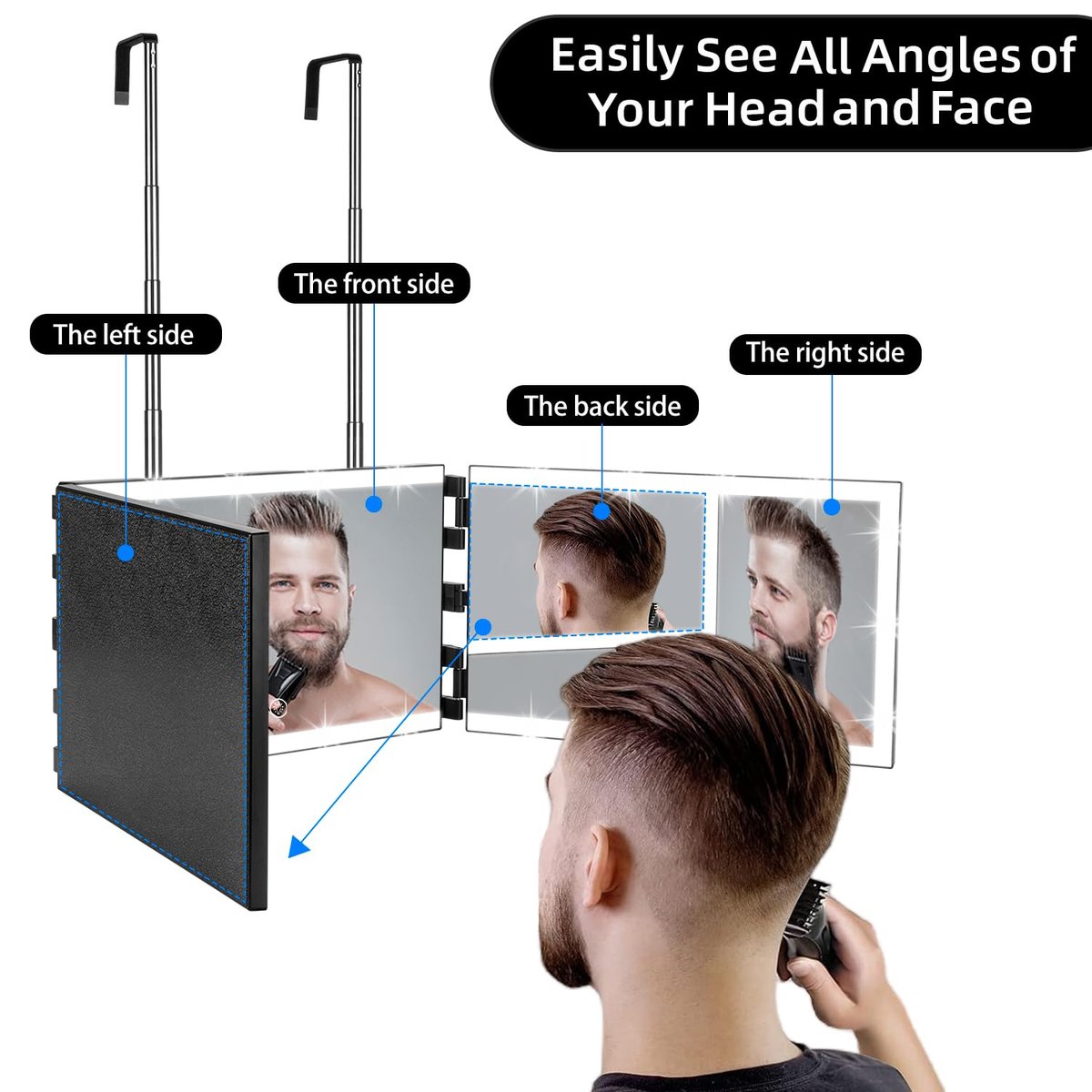 Vanexiss Rechargeable 3-Way Mirror for Self Hair Cutting – Trifold Mirror with 8 LED Light Strips & Telescoping Hooks for Makeup, Shaving & Styling (Black, Large) Avelisse