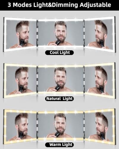 Vanexiss Rechargeable 3-Way Mirror for Self Hair Cutting – Trifold Mirror with 8 LED Light Strips & Telescoping Hooks for Makeup, Shaving & Styling (Black, Large) Avelisse