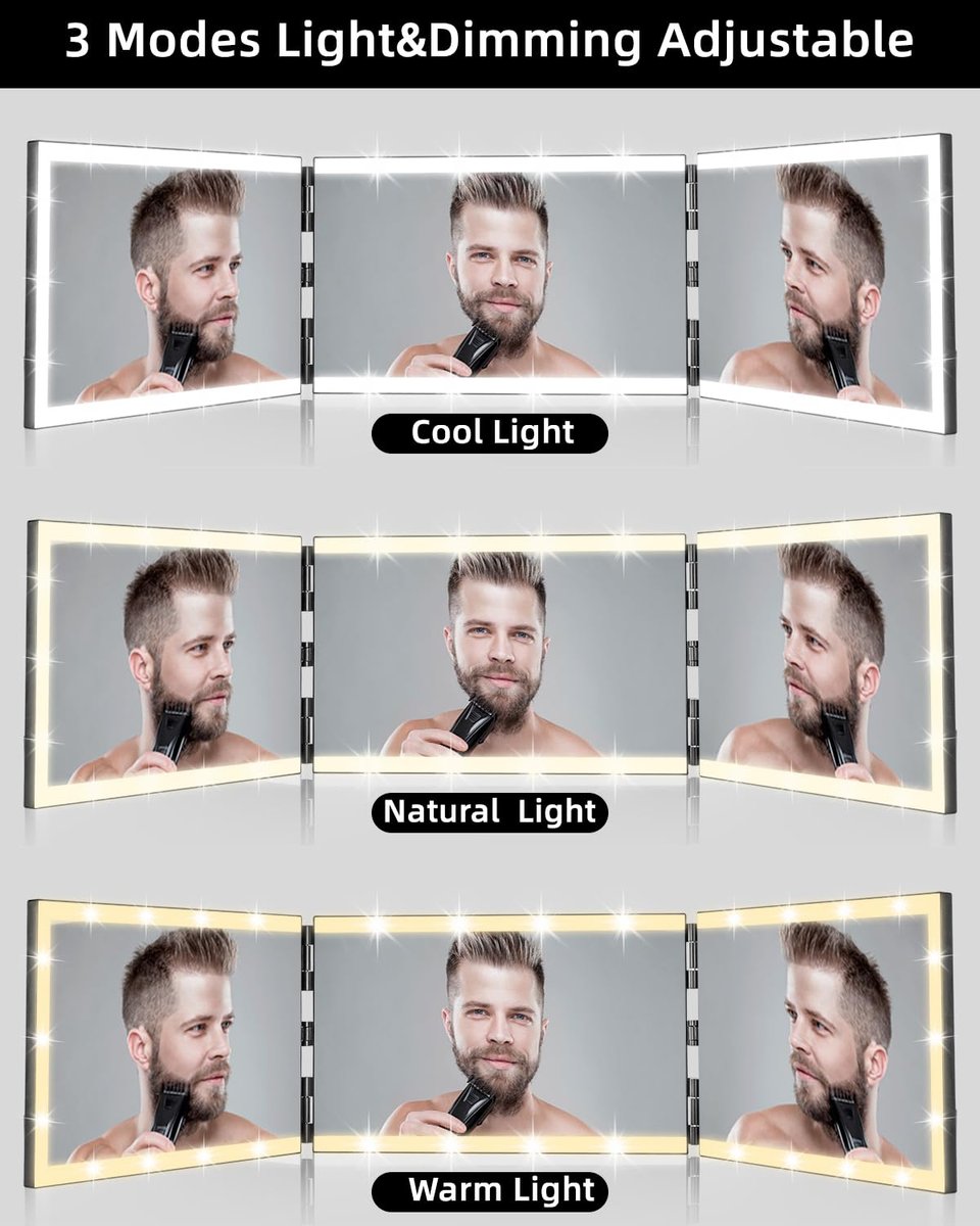 Vanexiss Rechargeable 3-Way Mirror for Self Hair Cutting – Trifold Mirror with 8 LED Light Strips & Telescoping Hooks for Makeup, Shaving & Styling (Black, Large) Avelisse