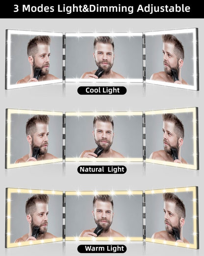 Vanexiss Rechargeable 3-Way Mirror for Self Hair Cutting – Trifold Mirror with 8 LED Light Strips & Telescoping Hooks for Makeup, Shaving & Styling (Black, Large) Avelisse