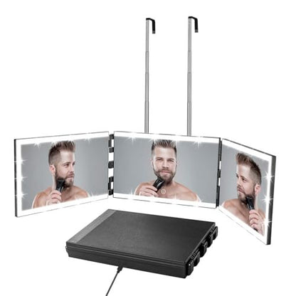 Vanexiss Rechargeable 3-Way Mirror for Self Hair Cutting – Trifold Mirror with 8 LED Light Strips & Telescoping Hooks for Makeup, Shaving & Styling (Black, Large) Avelisse