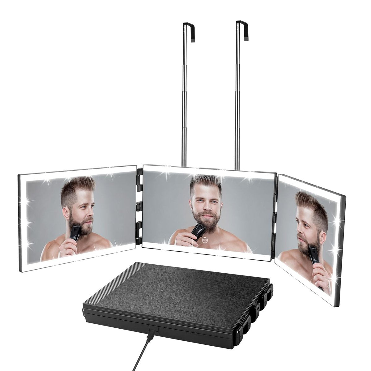 Vanexiss Rechargeable 3-Way Mirror for Self Hair Cutting – Trifold Mirror with 8 LED Light Strips & Telescoping Hooks for Makeup, Shaving & Styling (Black, Large) Avelisse