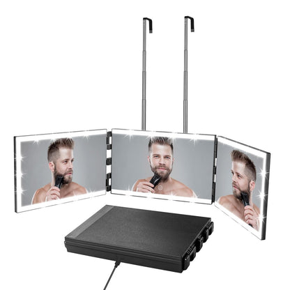 Vanexiss Rechargeable 3-Way Mirror for Self Hair Cutting – Trifold Mirror with 8 LED Light Strips & Telescoping Hooks for Makeup, Shaving & Styling (Black, Large) Avelisse