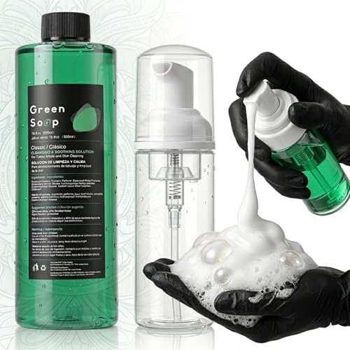Rayyl Tattoo Green Soap 16.9oz Ultra Concentrated + 7oz Foam Bottle Kit – Vegan Formula, Professional Skin Cleanser for Tattoos & Piercings, Travel-Ready Value Pack - görsel 2