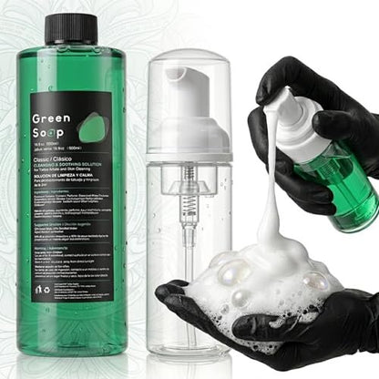 Rayyl Tattoo Green Soap 16.9oz Ultra Concentrated + 7oz Foam Bottle Kit – Vegan Formula, Professional Skin Cleanser for Tattoos & Piercings, Travel-Ready Value Pack