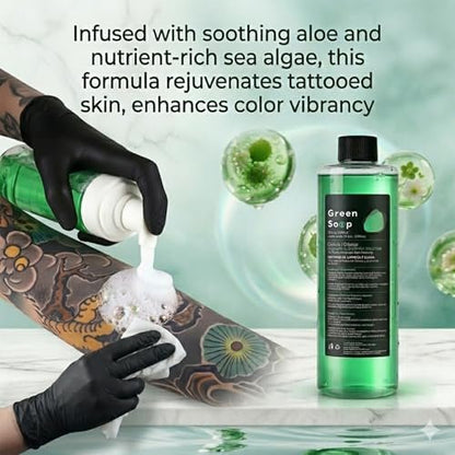 Rayyl Tattoo Green Soap 16.9oz Ultra Concentrated + 7oz Foam Bottle Kit – Vegan Formula, Professional Skin Cleanser for Tattoos & Piercings, Travel-Ready Value Pack