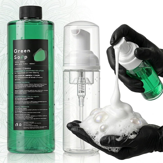 Rayyl Tattoo Green Soap 16.9oz Ultra Concentrated + 7oz Foam Bottle Kit – Vegan Formula, Professional Skin Cleanser for Tattoos & Piercings, Travel-Ready Value Pack