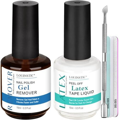 LOUINSTIC Gel Nail Polish Remover & Liquid Latex for Nails – Fast 2-5 Minute Removal, Low Irritation, No Residue, No Foil Needed, with Manicure Tools (2 Pack) Avelisse