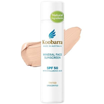 Koobarra Mineral Face Sunscreen SPF 50 - Tinted Aussie Zinc Oxide Sunblock with Hyaluronic Acid, Reef Safe, Natural, Organic, Vegan, Australian Made, Unscented, 100g (3.4oz) Avelisse