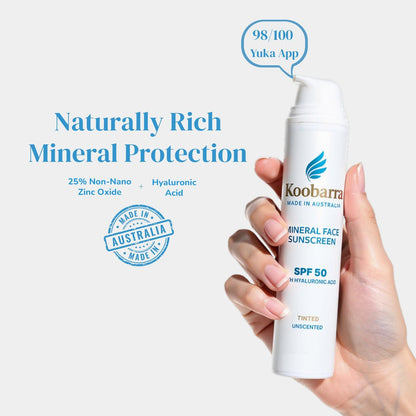 Koobarra Mineral Face Sunscreen SPF 50 - Tinted Aussie Zinc Oxide Sunblock with Hyaluronic Acid, Reef Safe, Natural, Organic, Vegan, Australian Made, Unscented, 100g (3.4oz) Avelisse