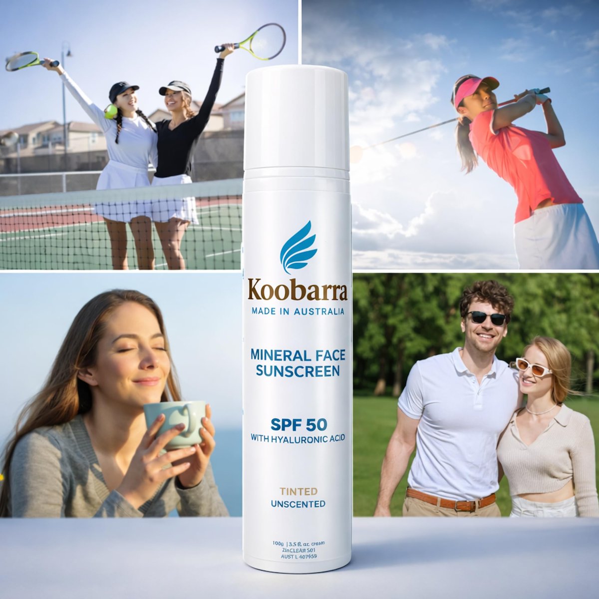 Koobarra Mineral Face Sunscreen SPF 50 - Tinted Aussie Zinc Oxide Sunblock with Hyaluronic Acid, Reef Safe, Natural, Organic, Vegan, Australian Made, Unscented, 100g (3.4oz) Avelisse