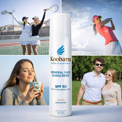 Koobarra Mineral Face Sunscreen SPF 50 - Tinted Aussie Zinc Oxide Sunblock with Hyaluronic Acid, Reef Safe, Natural, Organic, Vegan, Australian Made, Unscented, 100g (3.4oz) Avelisse