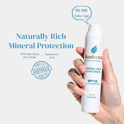 Koobarra Mineral Face Sunscreen SPF 50 - Tinted Aussie Zinc Oxide Sunblock with Hyaluronic Acid, Reef Safe, Natural, Organic, Vegan, Australian Made, Unscented, 100g (3.4oz) Avelisse