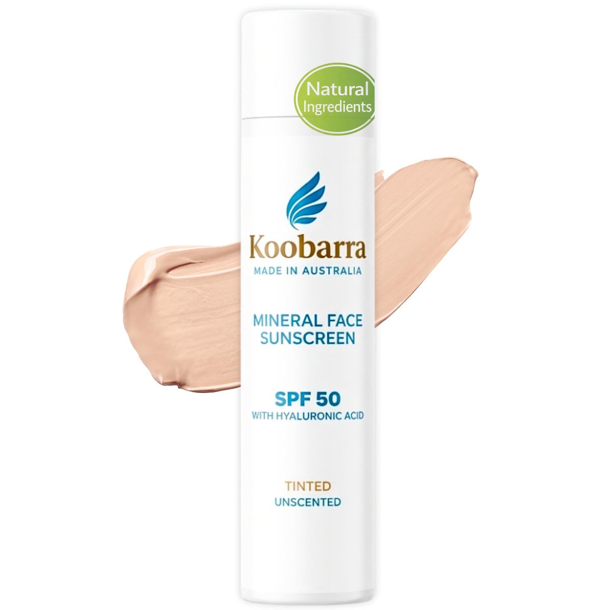 Koobarra Mineral Face Sunscreen SPF 50 - Tinted Aussie Zinc Oxide Sunblock with Hyaluronic Acid, Reef Safe, Natural, Organic, Vegan, Australian Made, Unscented, 100g (3.4oz) Avelisse
