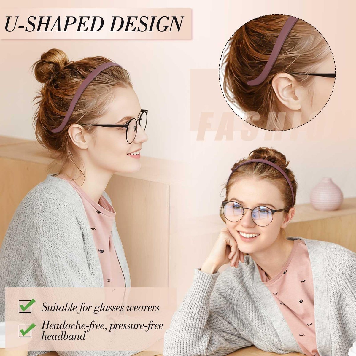 obeoby 6Pack No Pressure Headbands for Glasses Wearers, Square Sunglass Headbands for Women Girl Hairbands with Teeth Non Slip (Brown Series) - görsel 3