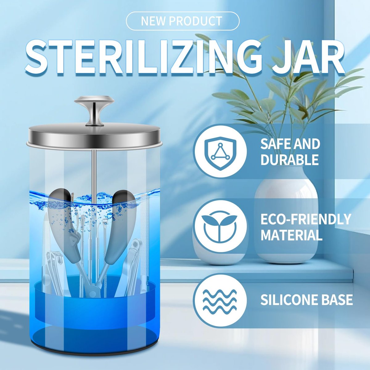 IEBARBER 21Oz Glass Nail Tool Disinfectant Jar with Removable Strainer Tray - Professional Manicure & Barber Tool Sterilizer Avelisse