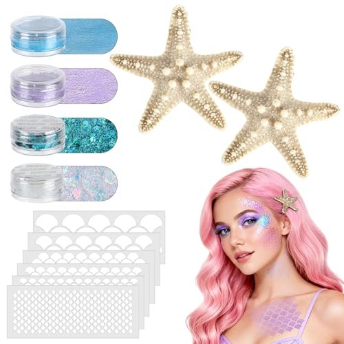 Mermaid Hair Accessories Kit for Women - 12-Piece Halloween Costume Set with Starfish Hair Clips & Face Body Glitter - görsel 2