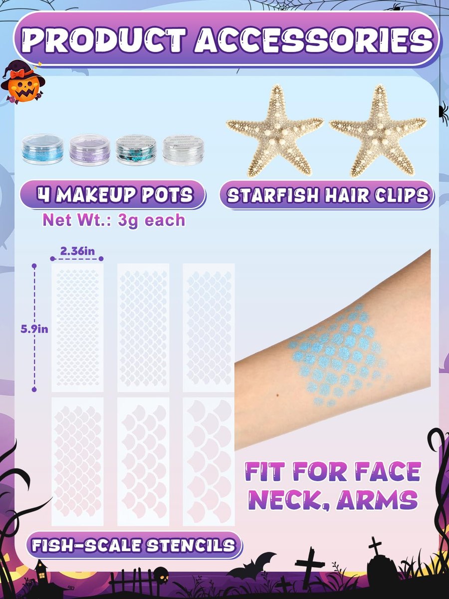 Mermaid Hair Accessories Kit for Women - 12-Piece Halloween Costume Set with Starfish Hair Clips & Face Body Glitter - görsel 13