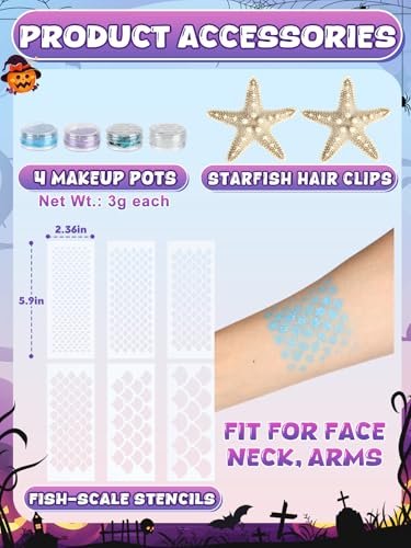 Mermaid Hair Accessories Kit for Women - 12-Piece Halloween Costume Set with Starfish Hair Clips & Face Body Glitter - görsel 14