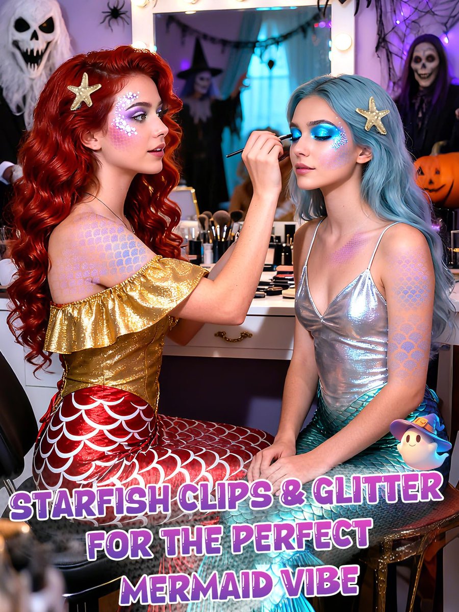 Mermaid Hair Accessories Kit for Women - 12-Piece Halloween Costume Set with Starfish Hair Clips & Face Body Glitter - görsel 3