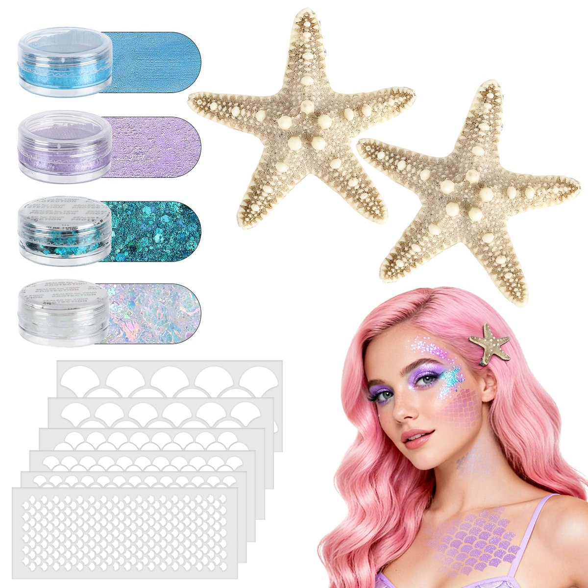 Mermaid Hair Accessories Kit for Women - 12-Piece Halloween Costume Set with Starfish Hair Clips & Face Body Glitter - görsel 1