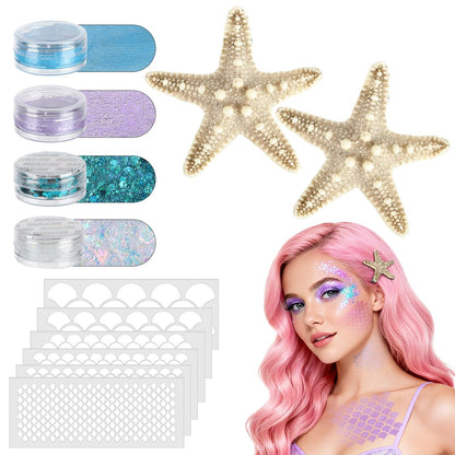 Mermaid Hair Accessories Kit for Women - 12-Piece Halloween Costume Set with Starfish Hair Clips & Face Body Glitter