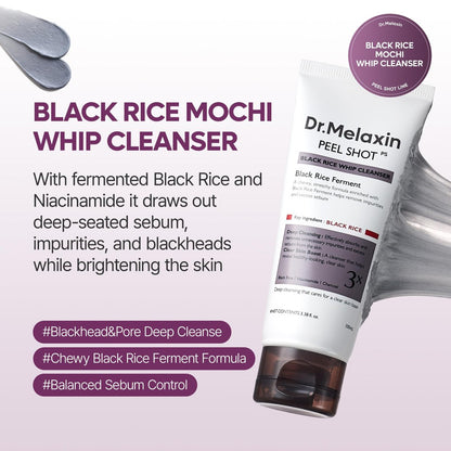 Dr.Melaxin Peel Shot Black Rice Mochi Whip Cleanser – 100ml for Blackheads, Clogged Pores & Dull Skin Avelisse